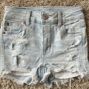 American Eagle Next Level Stretch Light Blue Distressed Denim Shorts Size 000